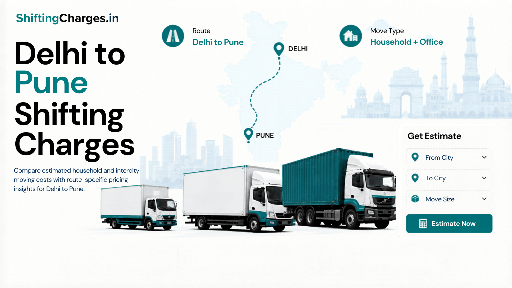 Delhi to Pune shifting charges with route distance, home size and packing estimate