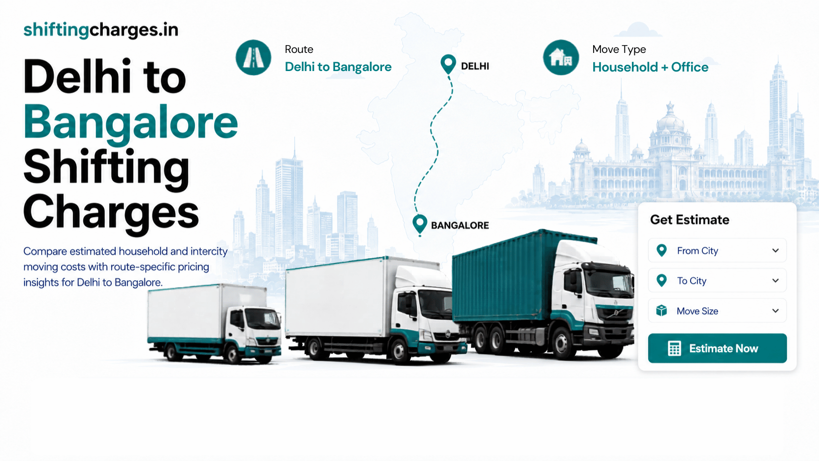 Delhi to Bangalore shifting charges with route distance, home size and packing estimate