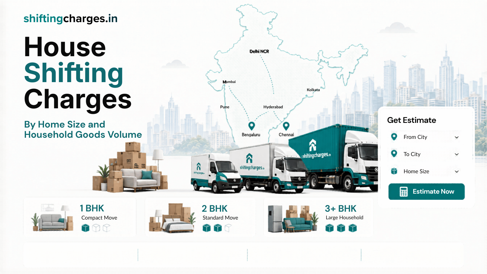House shifting charges in India with home size, goods volume and room wise packing tables