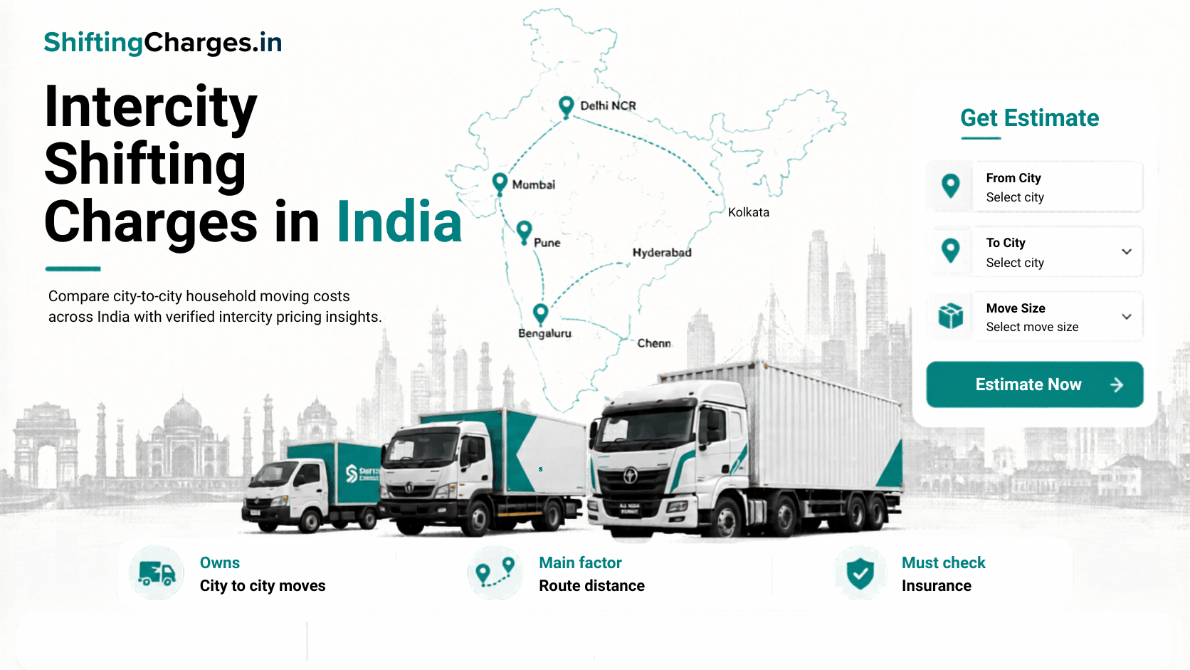 Intercity shifting charges in India with route distance, shared truck and dedicated truck examples