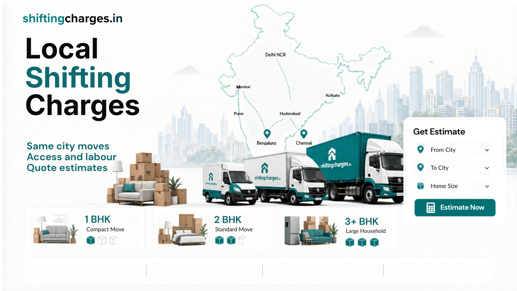 Local shifting charges in India for same city moves with distance and access factors