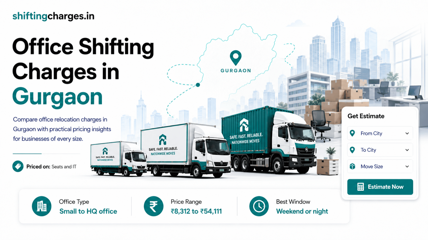 Office shifting charges in Gurgaon by seats, IT handling and move window